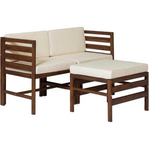 Walker Edison Ravello Contemporary 3 Piece Acacia Wood Outdoor Modular Chat Set with Cushions, Set of 3, Dark Brown(Dark Brown)