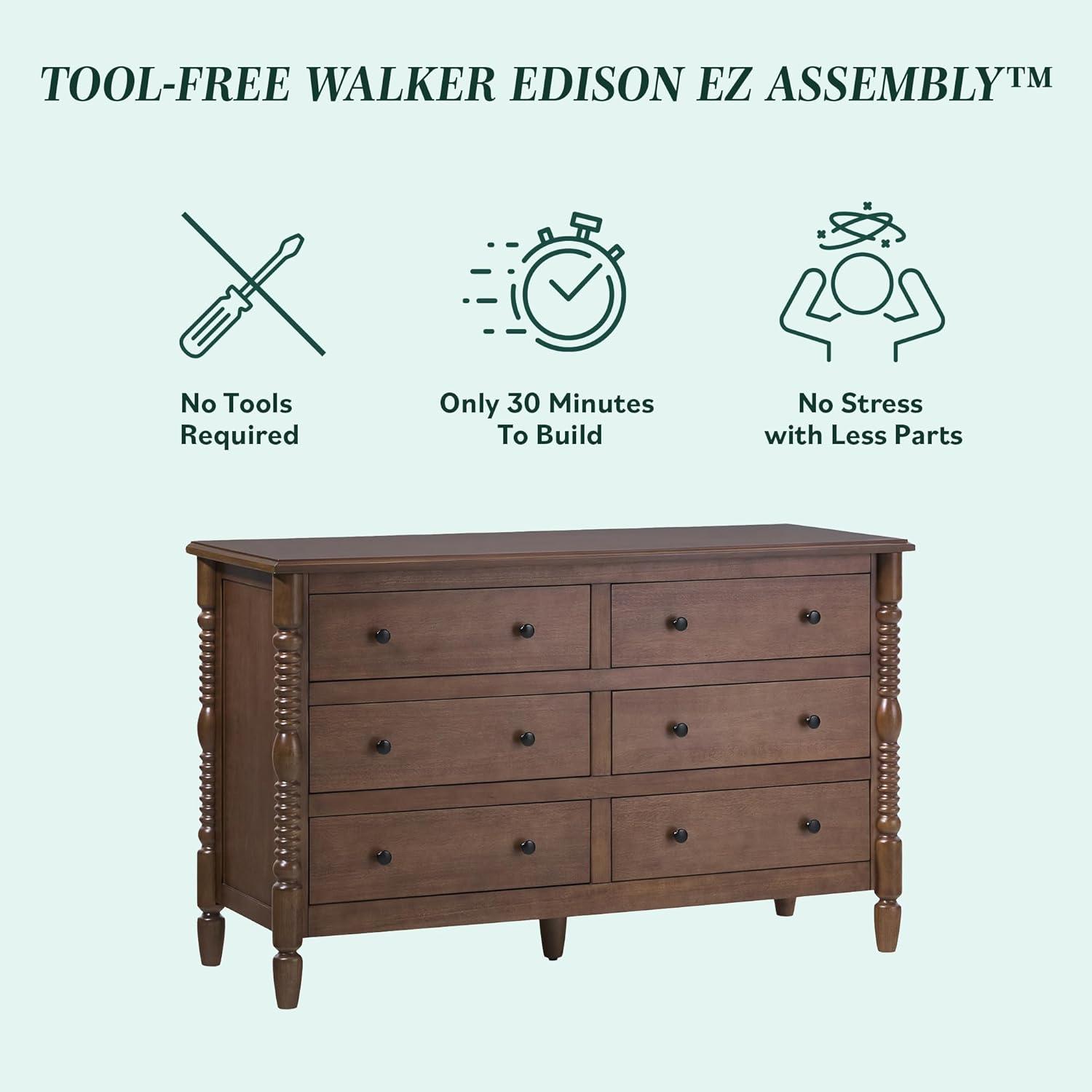 imageWalker Edison EZ Assembly Premium Traditional Solid Wood 6Drawer Dresser Vintage Chest of Drawers Spindle Dresser Quick Assembly Furniture 54 Inch Dark BrownDark Brown