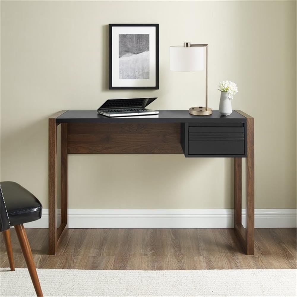 imageWalker Edison Fluted Small Computer Laptop Writing Vanity Desk with Drawers 46 Inch Black and WalnutBlackWalnut