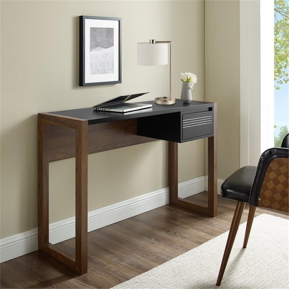 imageWalker Edison Fluted Small Computer Laptop Writing Vanity Desk with Drawers 46 Inch Black and WalnutBlackWalnut