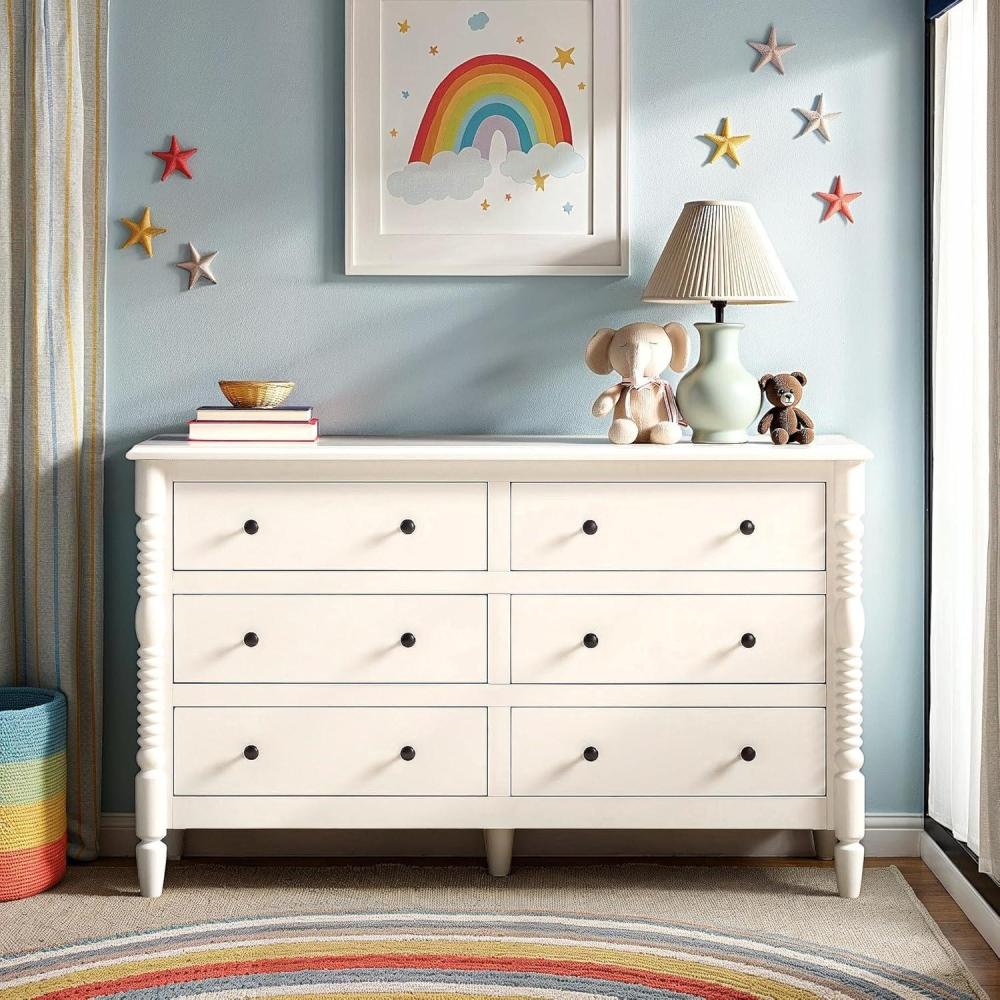 imageWalker Edison EZ Assembly Premium Traditional Solid Wood 6Drawer Dresser Vintage Chest of Drawers Spindle Dresser Quick Assembly Furniture 54 Inch Dark BrownWhite