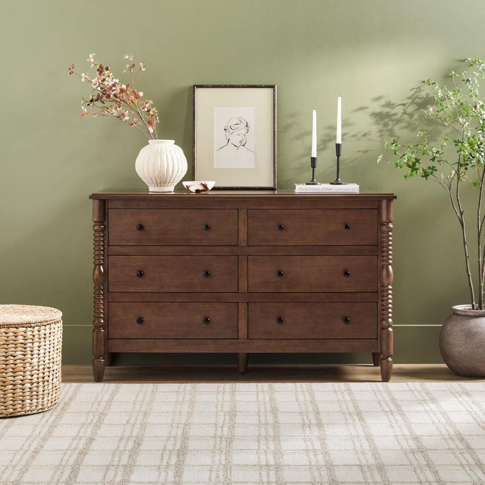 imageWalker Edison EZ Assembly Premium Traditional Solid Wood 6Drawer Dresser Vintage Chest of Drawers Spindle Dresser Quick Assembly Furniture 54 Inch Dark BrownDark Brown