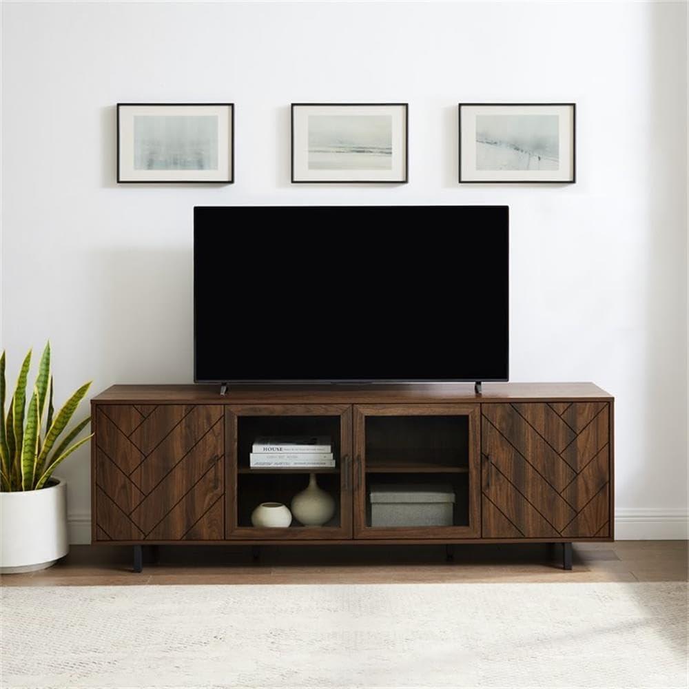 imageWalker Edison Harper Modern 4 Door Herringbone Stand for TVs up to 80 Inches 70 Inch Dark Walnut
