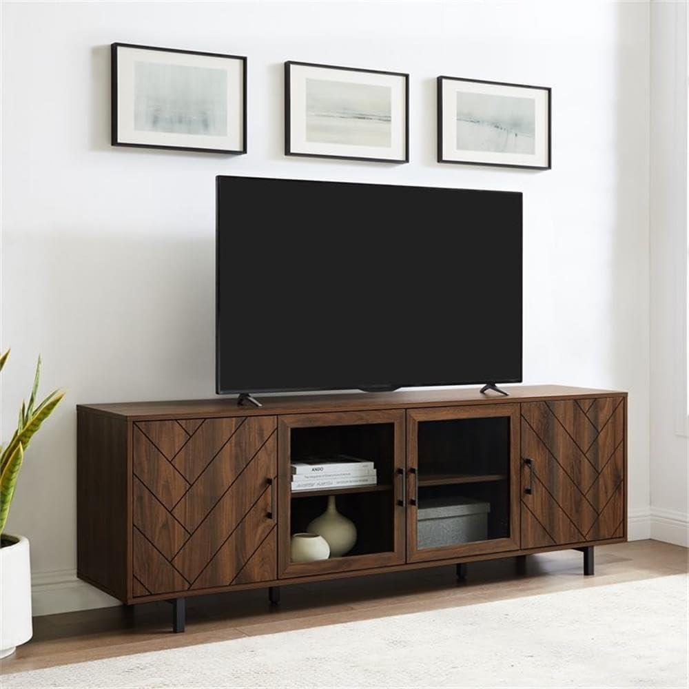 imageWalker Edison Harper Modern 4 Door Herringbone Stand for TVs up to 80 Inches 70 Inch Dark Walnut