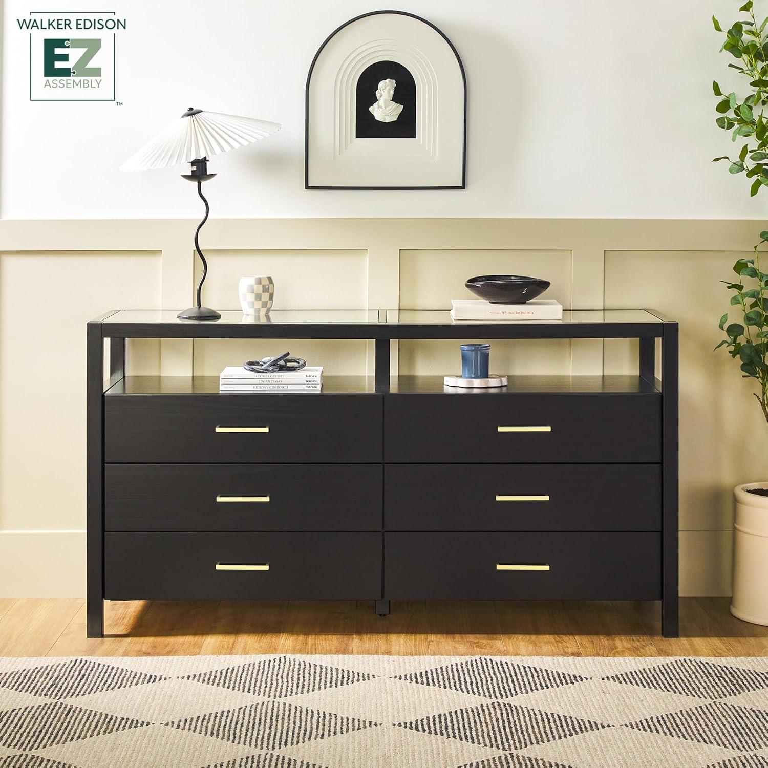 imageWalker Edison Isla Modern Solid Wood 6 Drawer Dresser with Glass Top 60 Inch BlackBlack