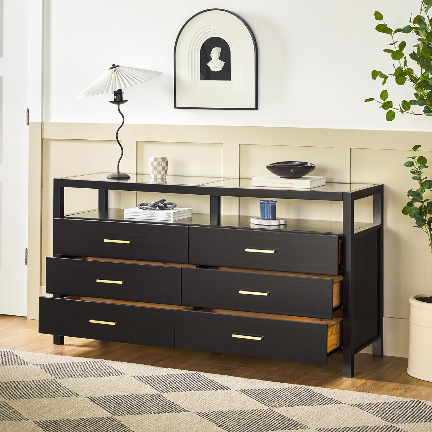imageWalker Edison Isla Modern Solid Wood 6 Drawer Dresser with Glass Top 60 Inch BlackBlack