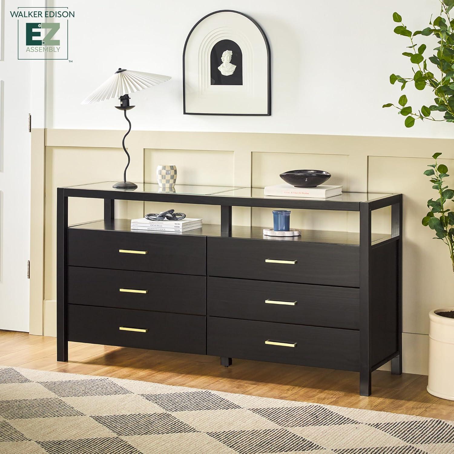 imageWalker Edison Isla Modern Solid Wood 6 Drawer Dresser with Glass Top 60 Inch BlackBlack