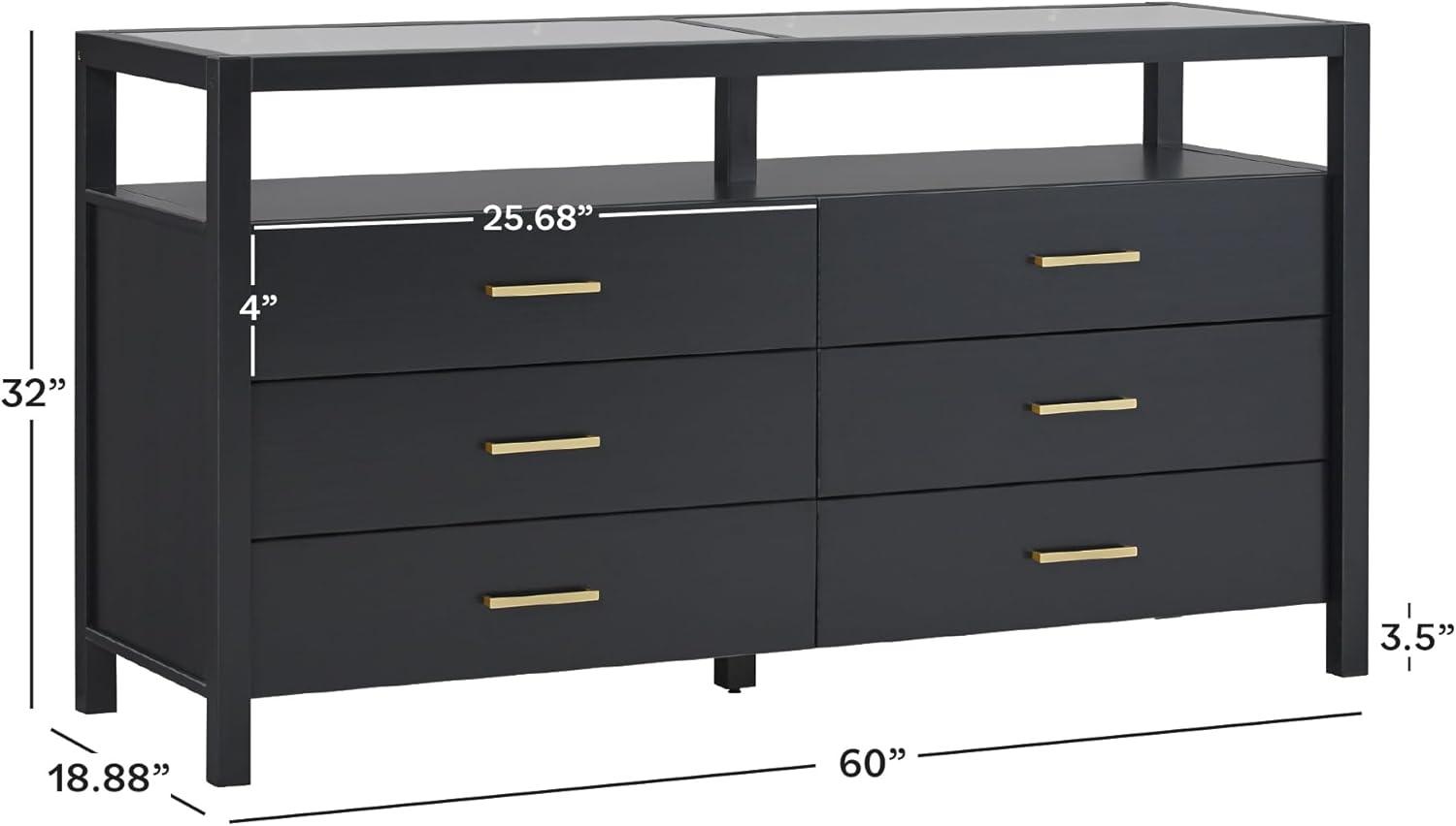imageWalker Edison Isla Modern Solid Wood 6 Drawer Dresser with Glass Top 60 Inch BlackBlack