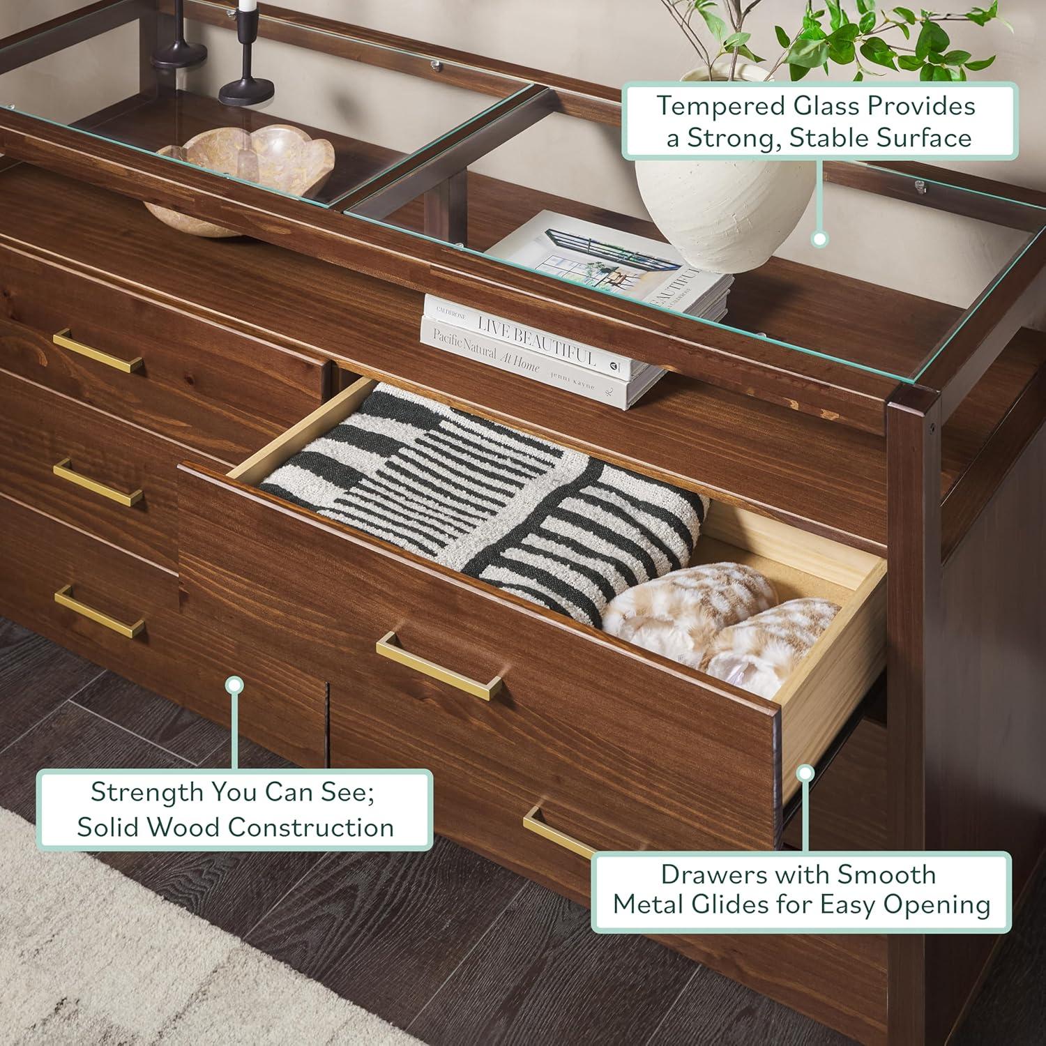 imageWalker Edison Isla Modern Solid Wood 6 Drawer Dresser with Glass Top 60 Inch BlackWalnut