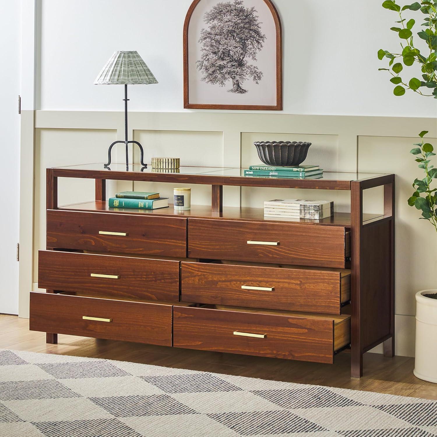 imageWalker Edison Isla Modern Solid Wood 6 Drawer Dresser with Glass Top 60 Inch BlackWalnut