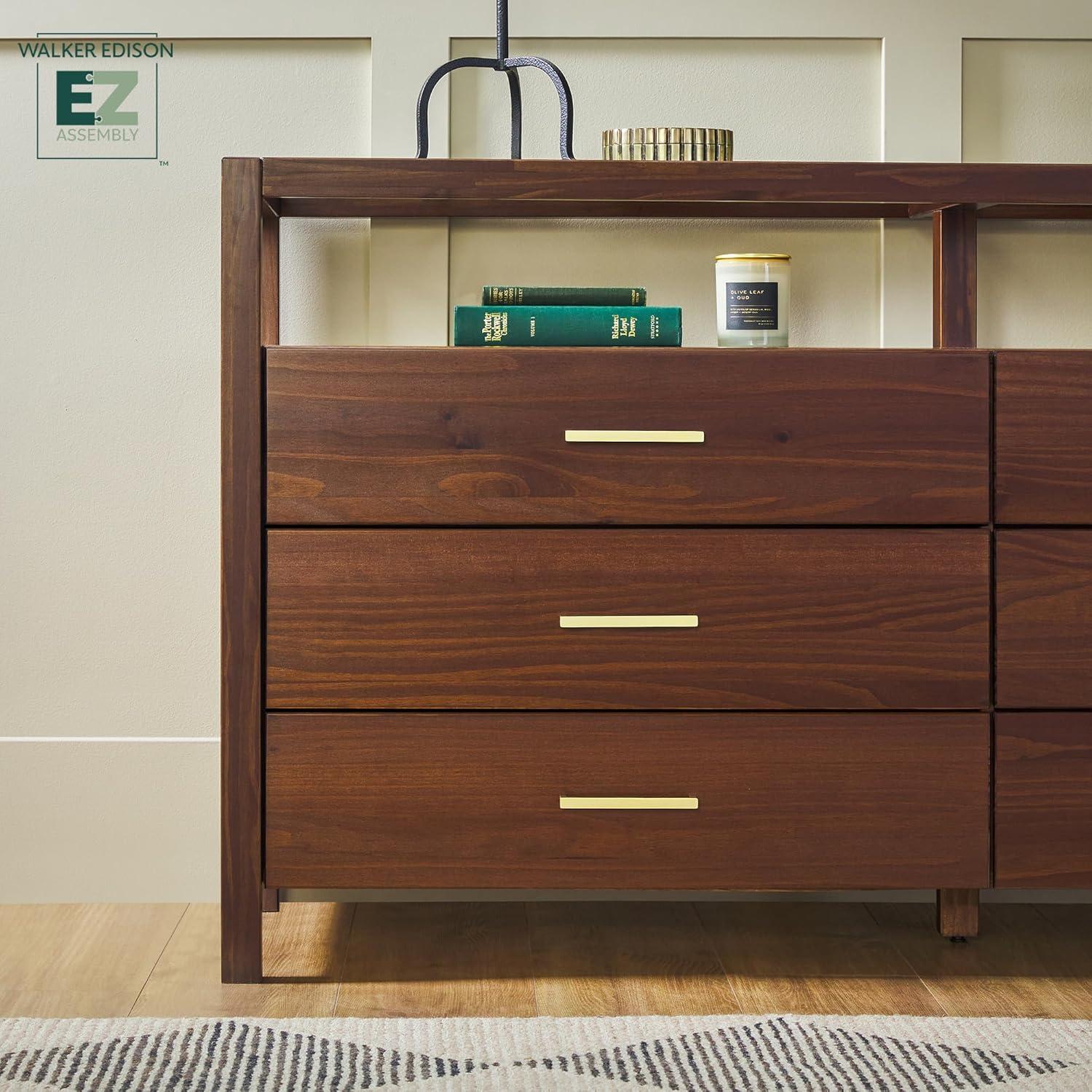 imageWalker Edison Isla Modern Solid Wood 6 Drawer Dresser with Glass Top 60 Inch BlackWalnut