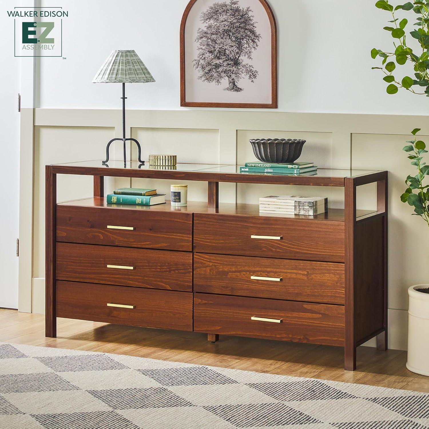 imageWalker Edison Isla Modern Solid Wood 6 Drawer Dresser with Glass Top 60 Inch BlackWalnut