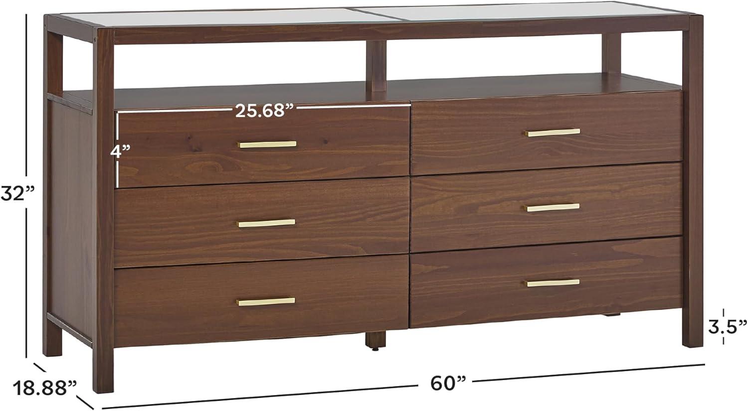 imageWalker Edison Isla Modern Solid Wood 6 Drawer Dresser with Glass Top 60 Inch BlackWalnut