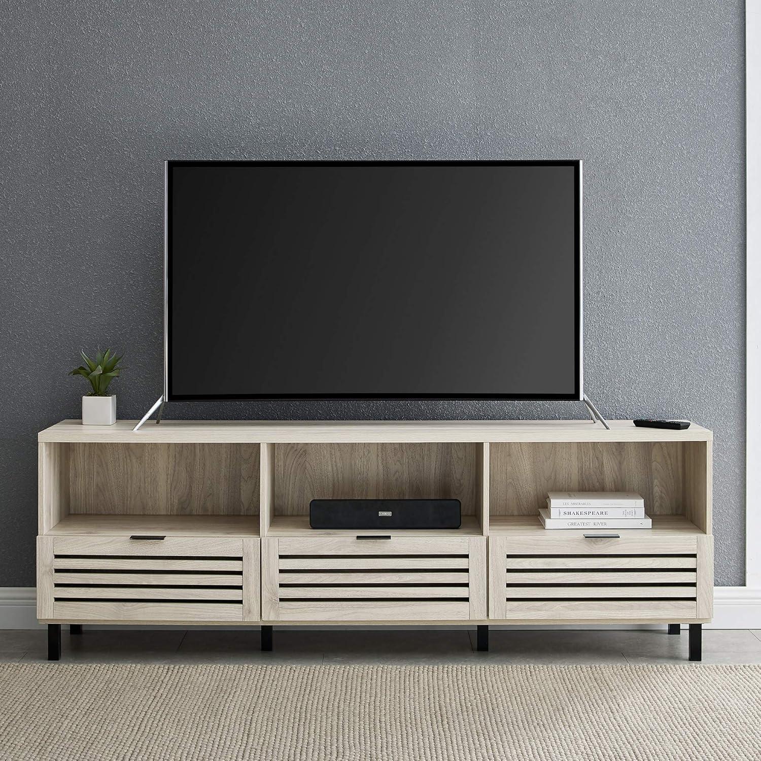 imageWalker Edison Modern Slatted Wood TV Stand for TVs up to 80quot Universal TV Stand for Flat Screen Living Room Storage Cabinets and Shelves Entertainment Center 70 Inch Dark WalnutBirch