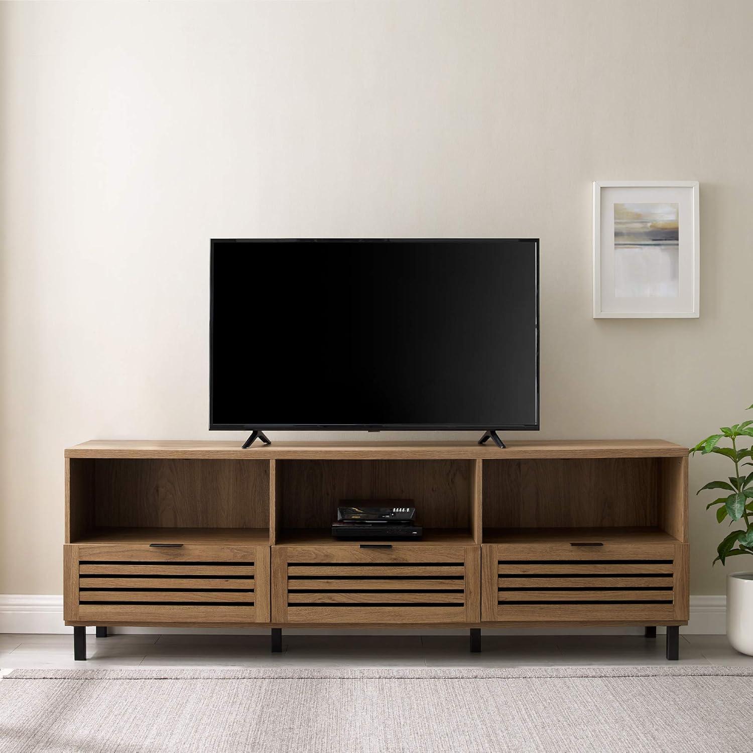 imageWalker Edison Modern Slatted Wood TV Stand for TVs up to 80quot Universal TV Stand for Flat Screen Living Room Storage Cabinets and Shelves Entertainment Center 70 Inch Dark WalnutEnglish Oak