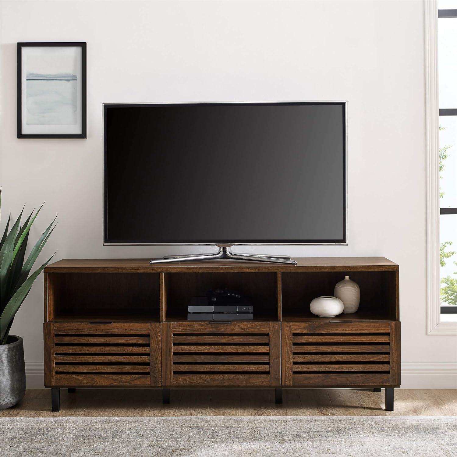 imageWalker Edison Modern Slatted Wood TV Stand for TVs up to 80quot Universal TV Stand for Flat Screen Living Room Storage Cabinets and Shelves Entertainment Center 70 Inch Dark WalnutDark Walnut