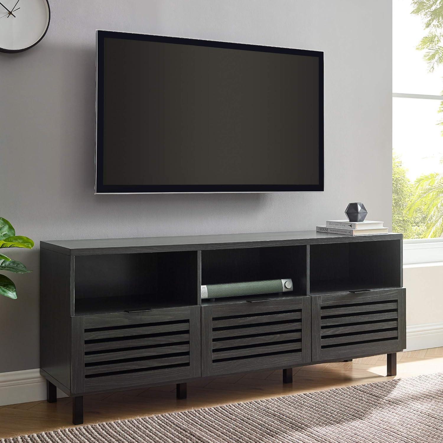 imageWalker Edison Modern Slatted Wood TV Stand for TVs up to 80quot Universal TV Stand for Flat Screen Living Room Storage Cabinets and Shelves Entertainment Center 70 Inch Dark WalnutGraphite
