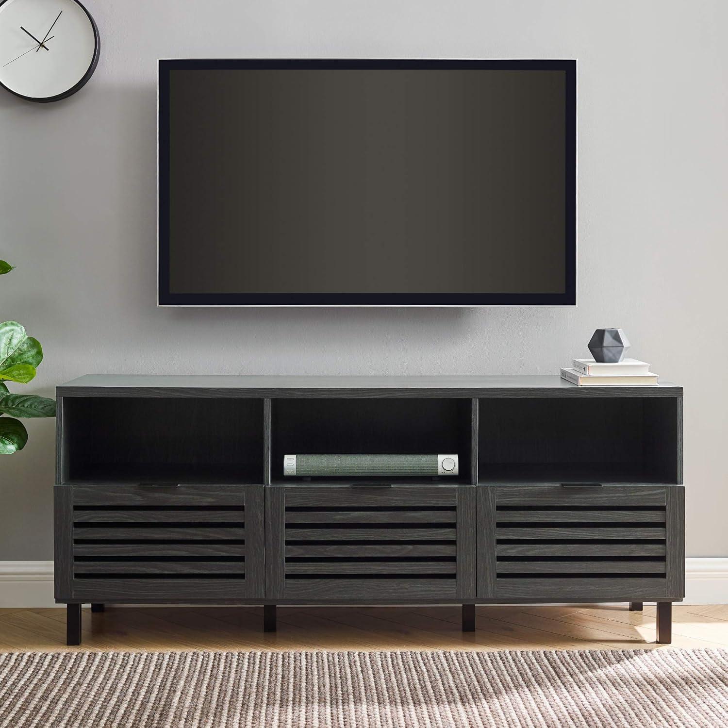 imageWalker Edison Modern Slatted Wood TV Stand for TVs up to 80quot Universal TV Stand for Flat Screen Living Room Storage Cabinets and Shelves Entertainment Center 70 Inch Dark WalnutGraphite