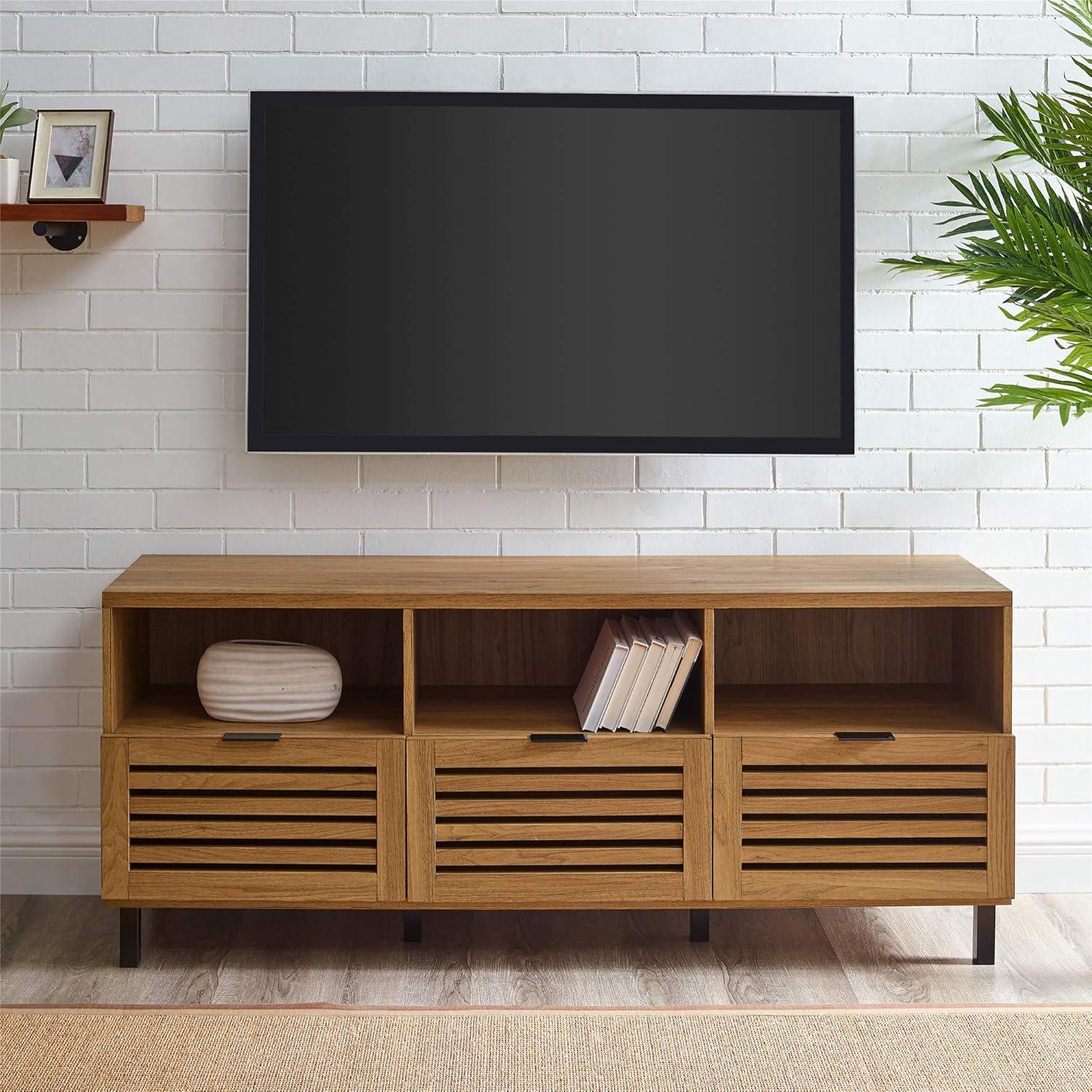 imageWalker Edison Modern Slatted Wood TV Stand for TVs up to 80quot Universal TV Stand for Flat Screen Living Room Storage Cabinets and Shelves Entertainment Center 70 Inch Dark WalnutEnglish Oak