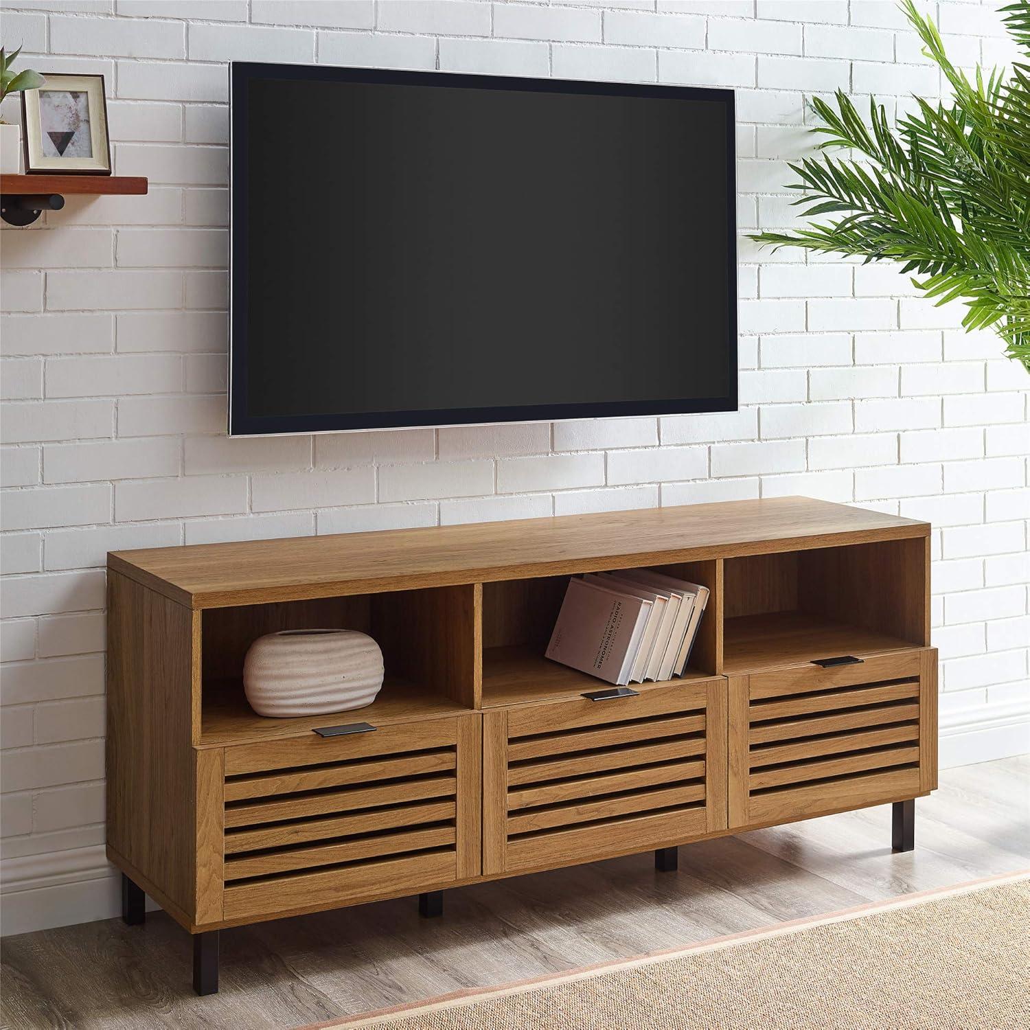imageWalker Edison Modern Slatted Wood TV Stand for TVs up to 80quot Universal TV Stand for Flat Screen Living Room Storage Cabinets and Shelves Entertainment Center 70 Inch Dark WalnutEnglish Oak