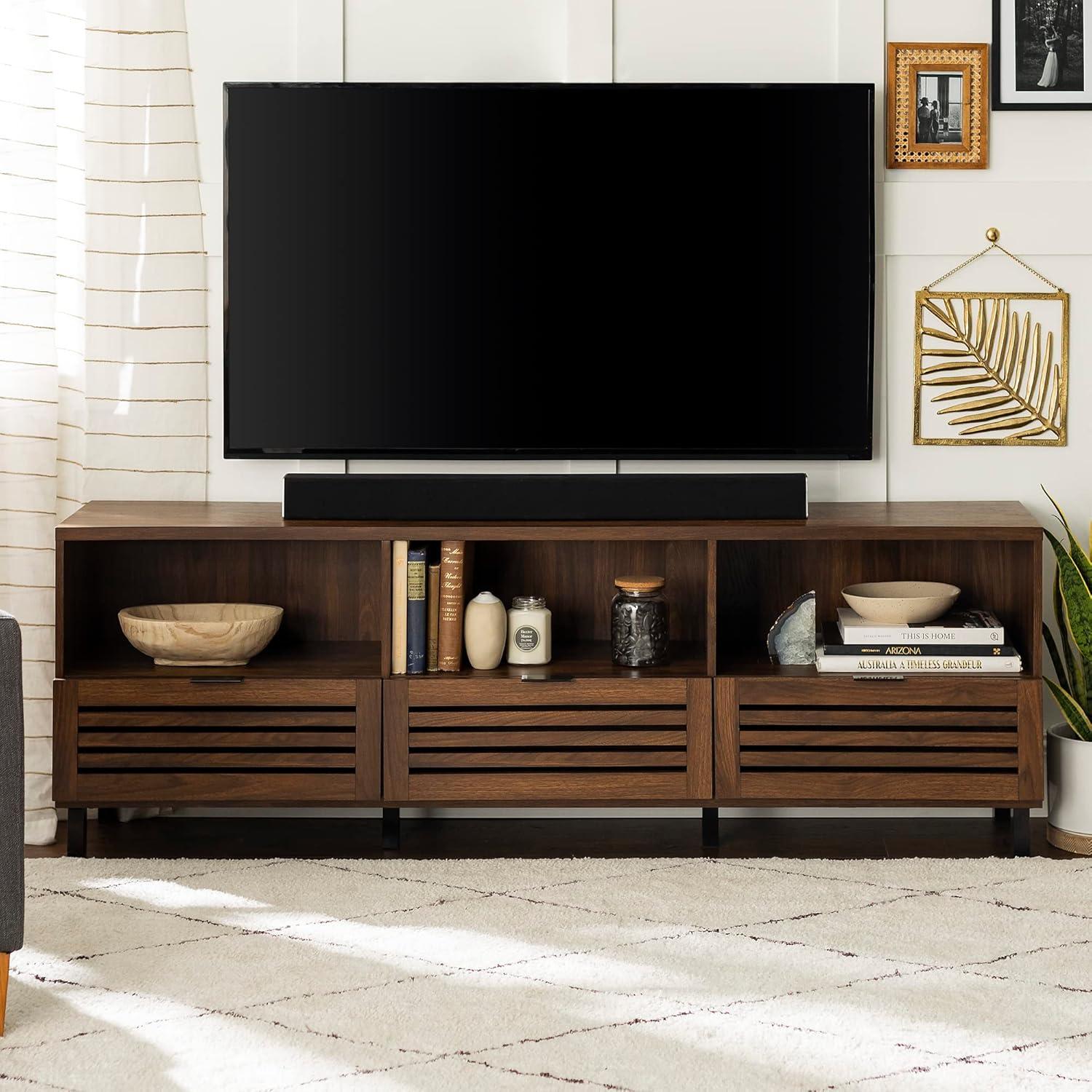 imageWalker Edison Modern Slatted Wood TV Stand for TVs up to 80quot Universal TV Stand for Flat Screen Living Room Storage Cabinets and Shelves Entertainment Center 70 Inch Dark WalnutDark Walnut