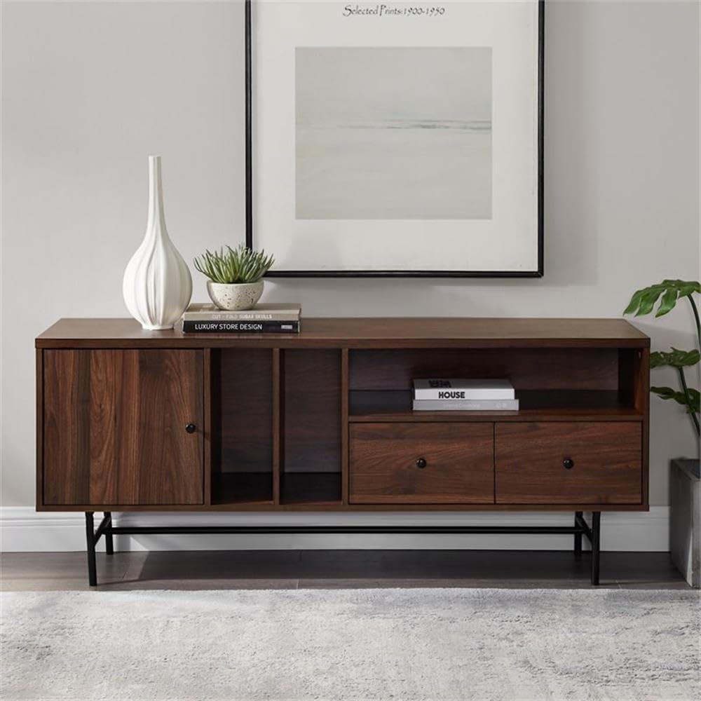 imageWalker Edison Modern Wood TV Stand with Record Storage for TVs up to 65quot Flat Screen Universal TV Console Living Room Storage Cabinet Doors Shelves Entertainment Center 60 Inch Dark WalnutDark Walnut