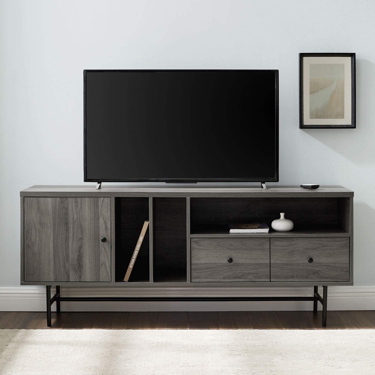 imageWalker Edison Modern Wood TV Stand with Record Storage for TVs up to 65quot Flat Screen Universal TV Console Living Room Storage Cabinet Doors Shelves Entertainment Center 60 Inch Dark WalnutSlate Grey