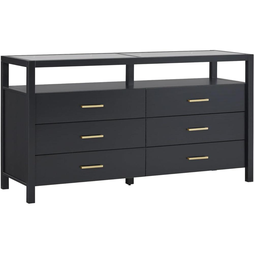 imageWalker Edison Isla Modern Solid Wood 6 Drawer Dresser with Glass Top 60 Inch BlackBlack