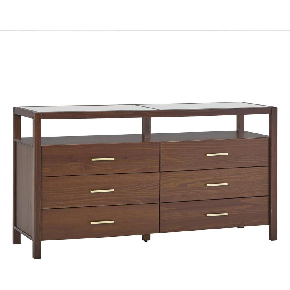 imageWalker Edison Isla Modern Solid Wood 6 Drawer Dresser with Glass Top 60 Inch BlackWalnut