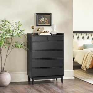 Walker Edison Blythe Mid-Century Modern Tray-Top Solid Wood 6-Drawer Dresser, 30 Inch, Black(Black-t)