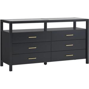 Walker Edison Isla Modern Solid Wood 6 Drawer Dresser with Glass Top, 60 Inch, Black(Black)