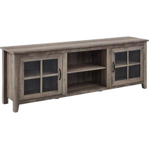 Walker Edison Portsmouth Classic 2 Glass Door TV Stand for TVs up to 80 Inches, 70 Inch, Dark Walnut(Grey Wash)