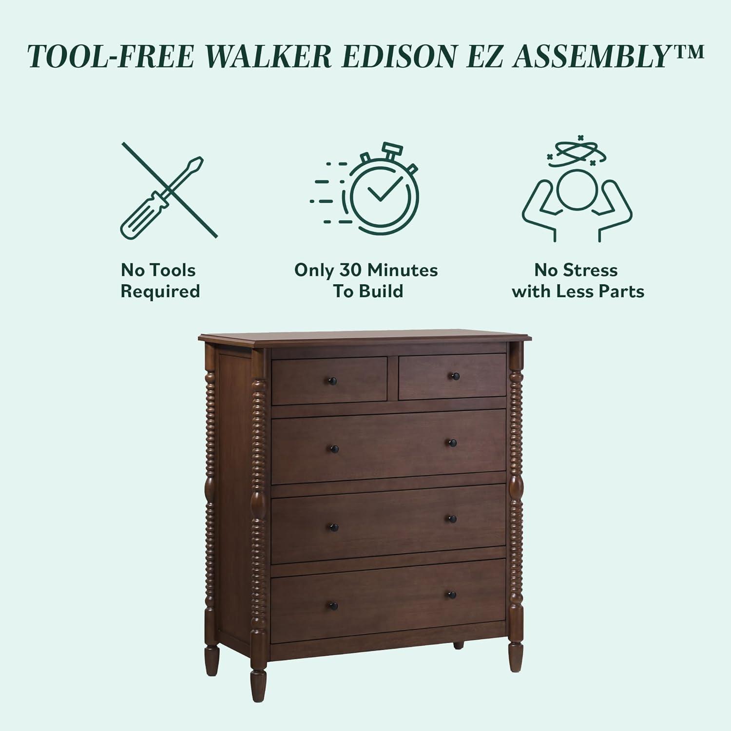 imageWalker Edison EZ Assembly Premium Traditional Solid Wood 5Drawer Dresser Quick Assembly Furniture 5Drawer Chest of Drawers Spindle Dresser 20 Inch Dark Brown
