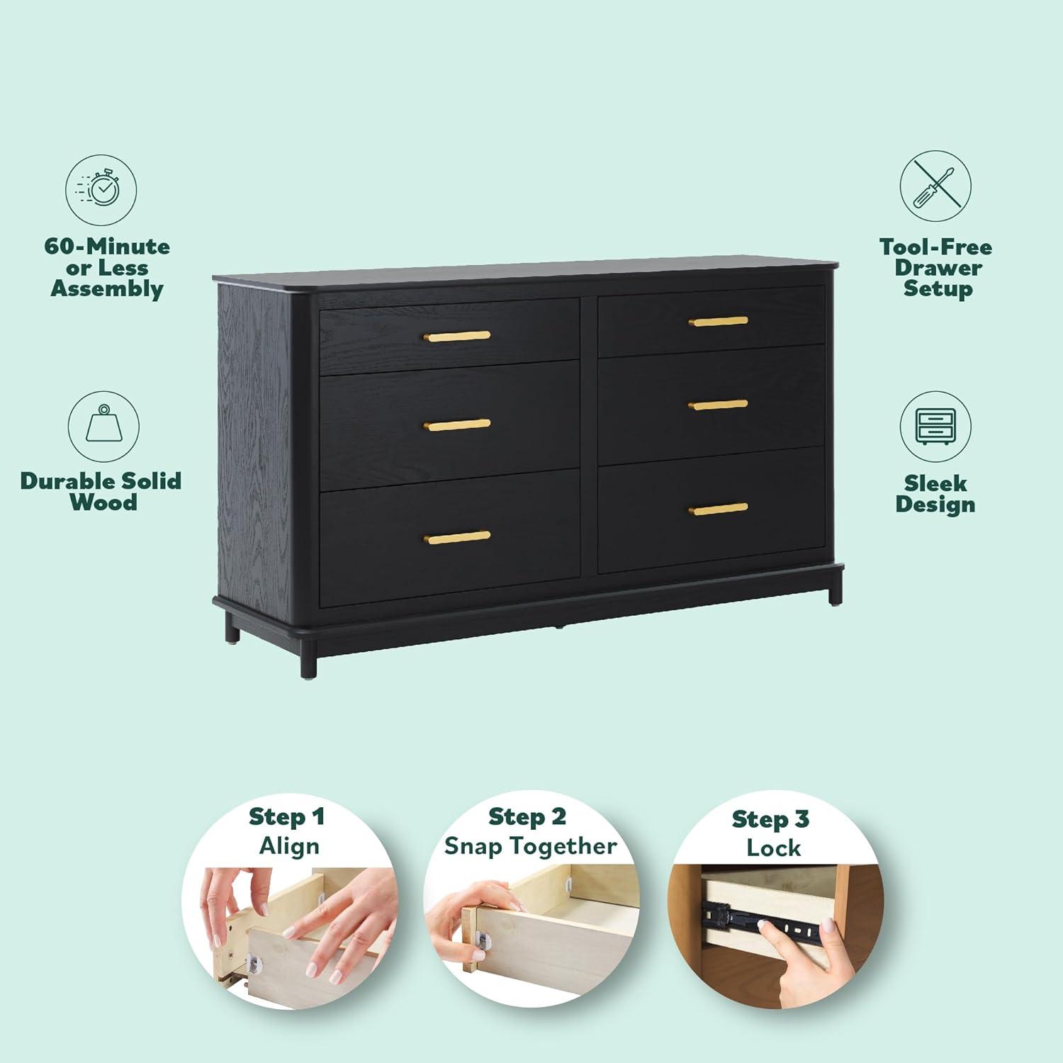 imageWalker Edison MidCentury Modern Solid Red Oak Veneer 6Drawer Dresser Easy to Assemble Drawers Clothing Storage for Bedroom 54 Inch Black