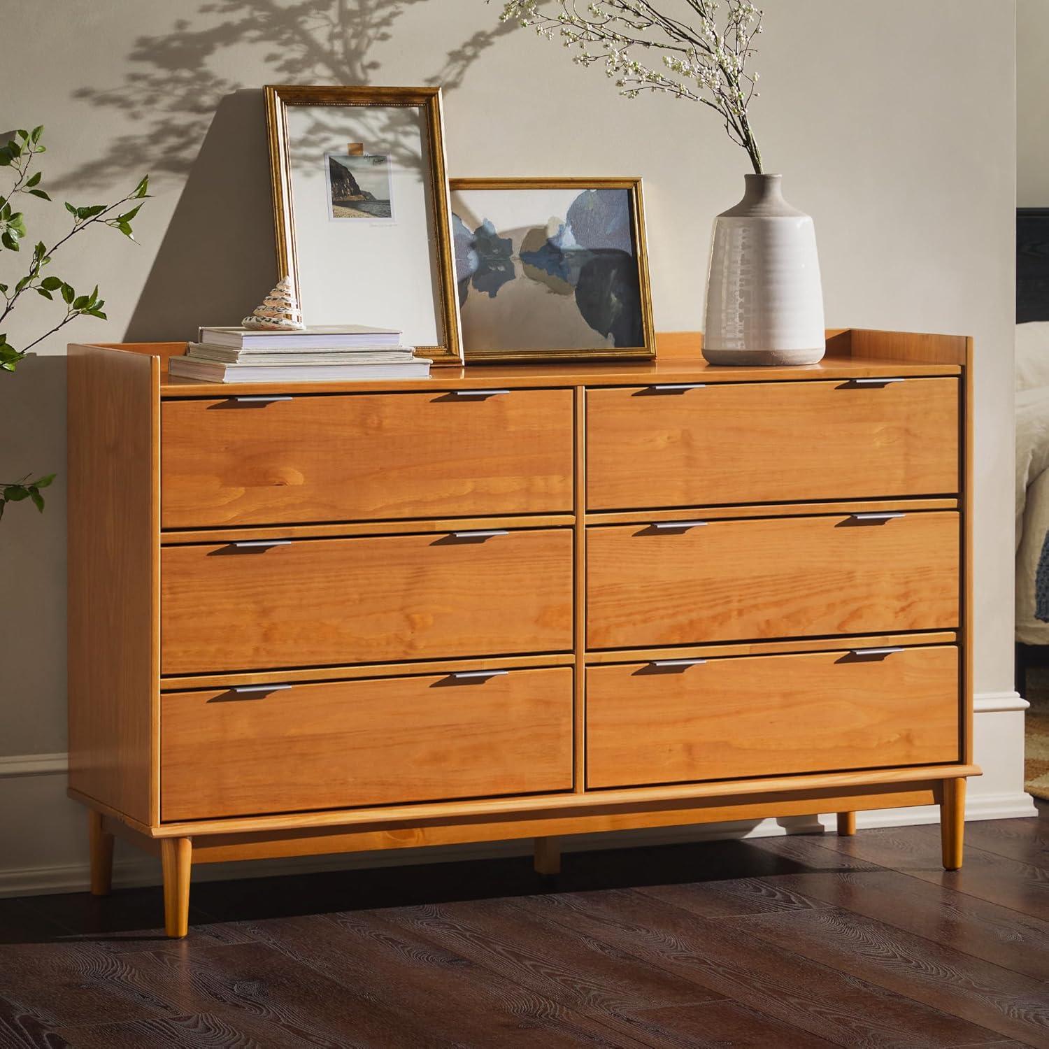 imageWalker Edison Polay Modern Solid Wood 6Drawer Dresser with GalleryTop 55 Inch Caramel