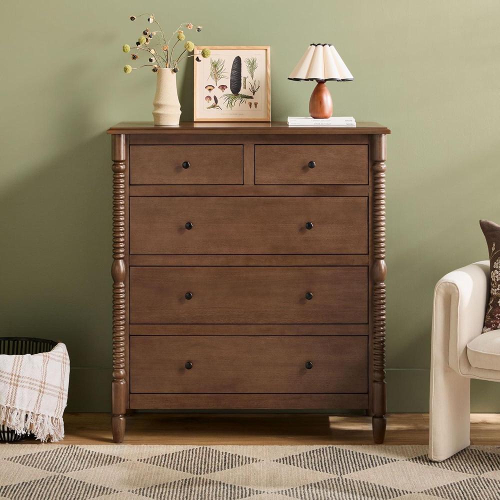 imageWalker Edison EZ Assembly Premium Traditional Solid Wood 5Drawer Dresser Quick Assembly Furniture 5Drawer Chest of Drawers Spindle Dresser 20 Inch Dark Brown