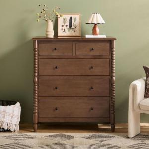 Walker Edison EZ Assembly™ Premium Traditional Solid Wood 5-Drawer Dresser, Quick Assembly Furniture, 5-Drawer Chest of Drawers, Spindle Dresser, 20 Inch, Dark Brown