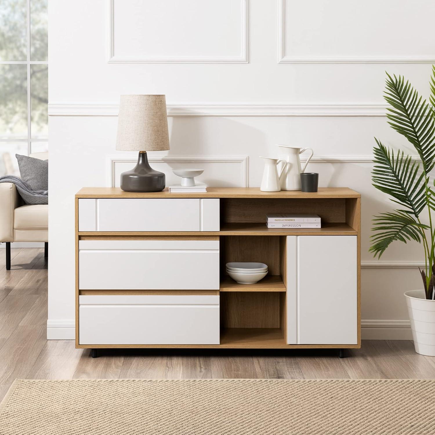imageWalker Edison Caely Contemporary Minimal DecorativeDrawer Storage Sideboard 52 Inch Coastal OakSolid WhiteCoastal Oak Solid White