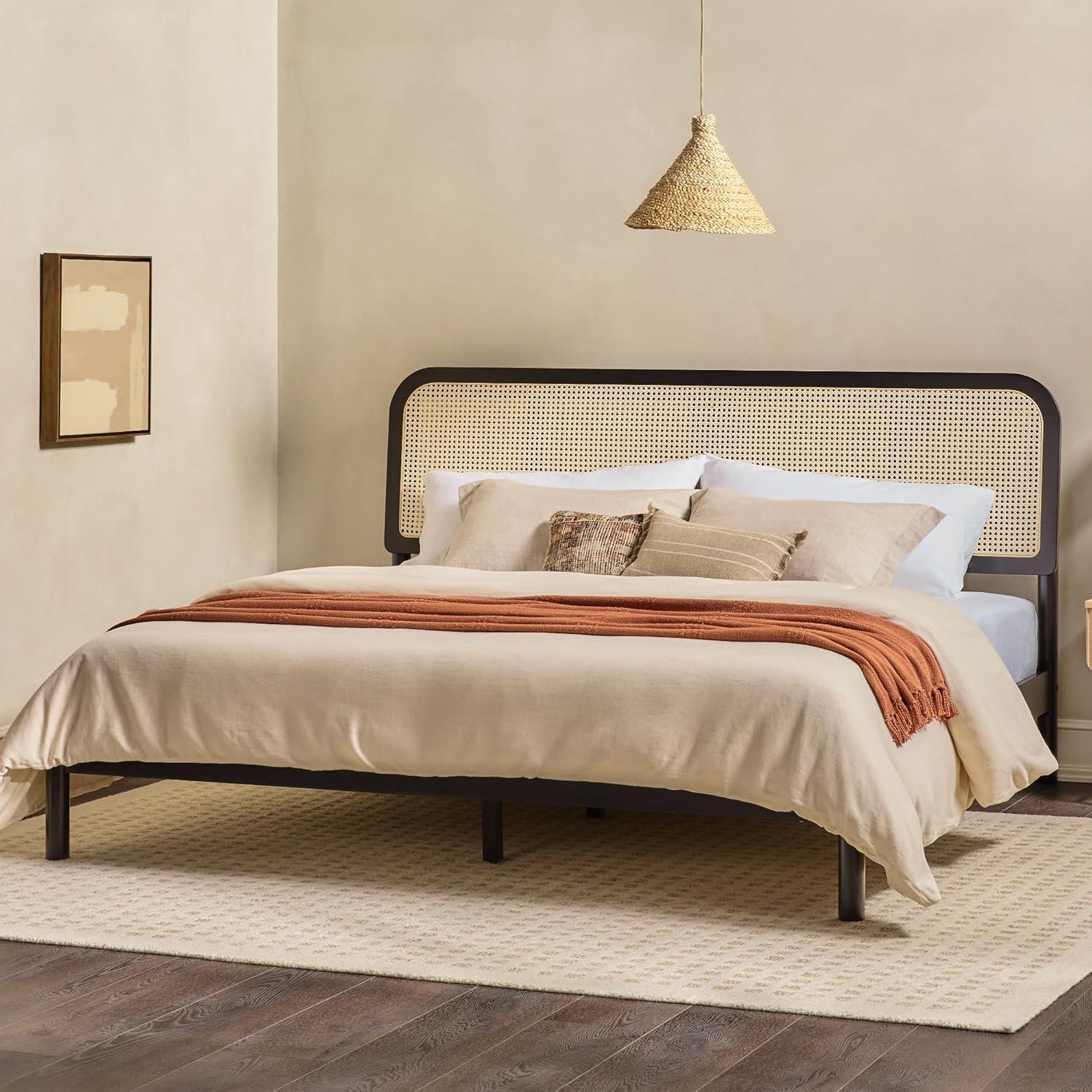 imageWalker Edison Nalah Boho Curved Rattan Headboard Solid Wood King Bedframe King Size Black