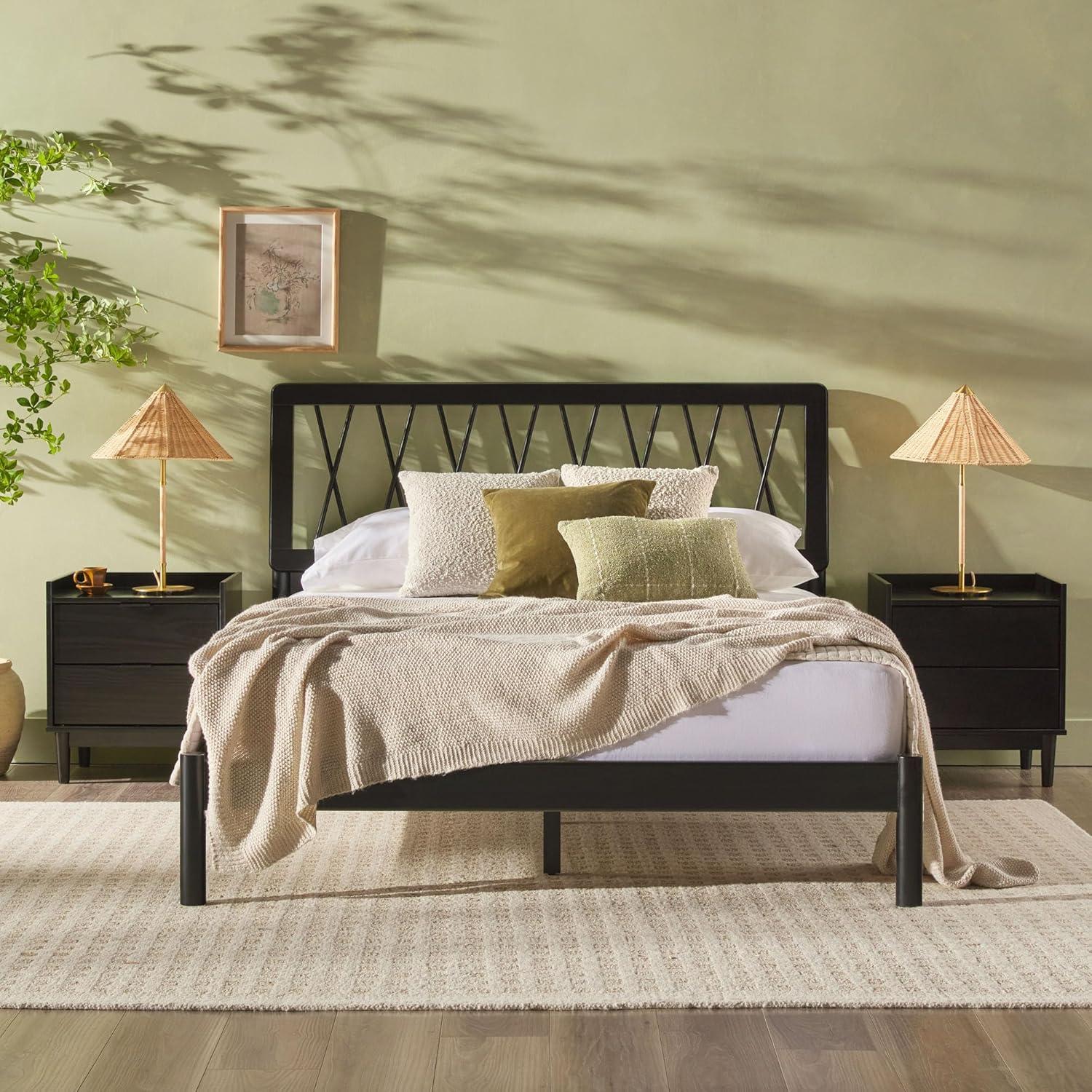 imageWalker Edison Queen Transitional Geometric X Pattern Headboard Solid Wood Bed Queen Size CaramelBlack