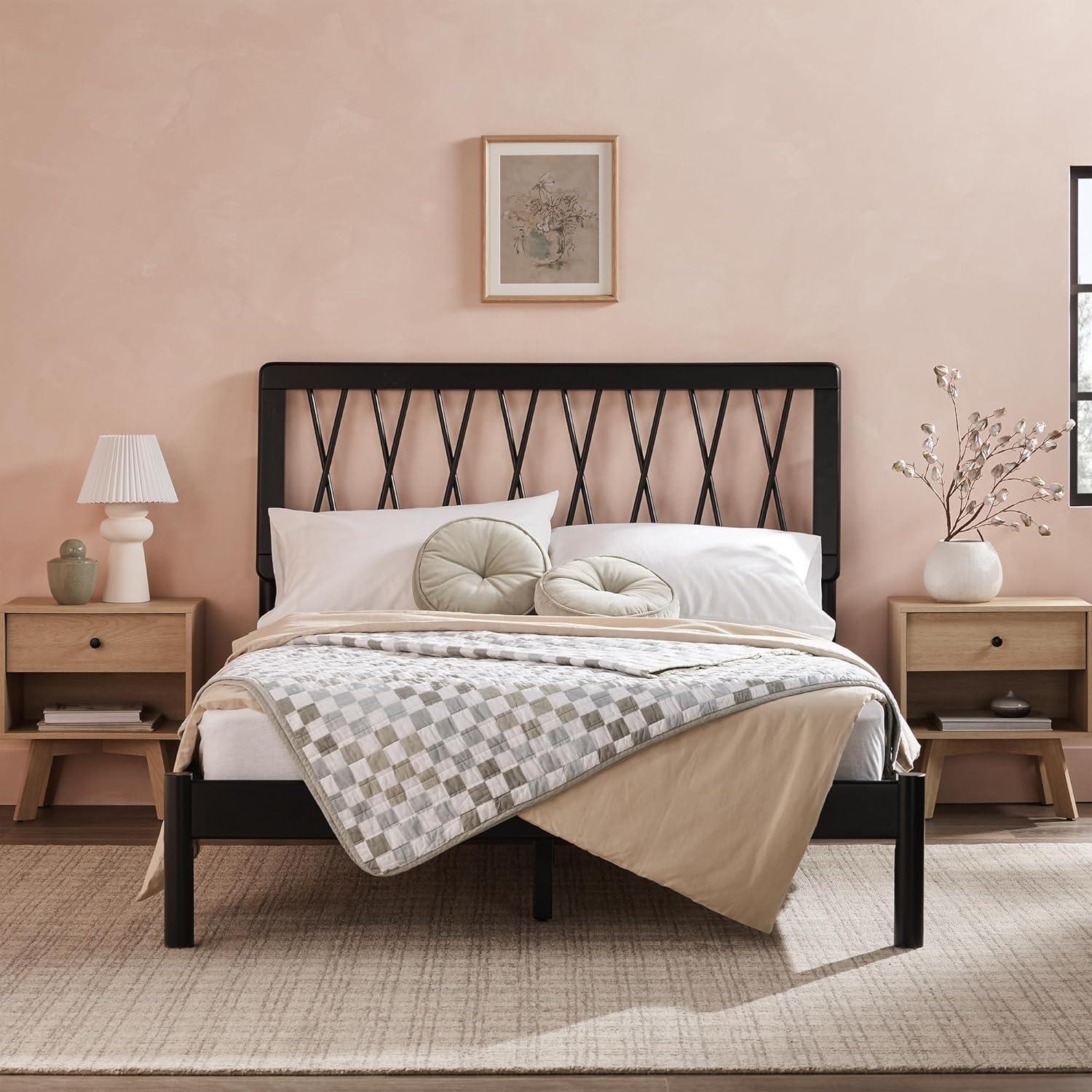 imageWalker Edison Queen Transitional Geometric X Pattern Headboard Solid Wood Bed Queen Size CaramelBlack