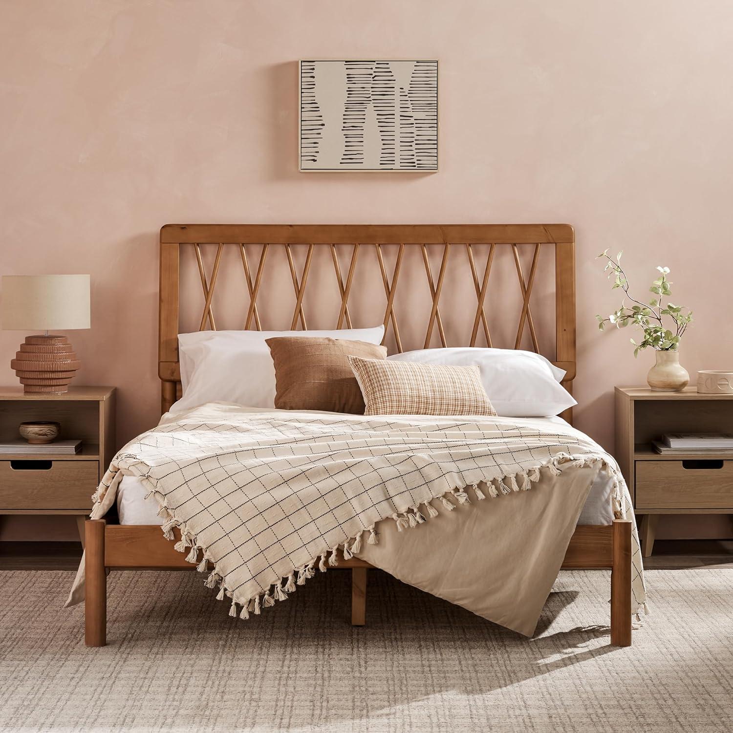 imageWalker Edison Queen Transitional Geometric X Pattern Headboard Solid Wood Bed Queen Size CaramelCaramel