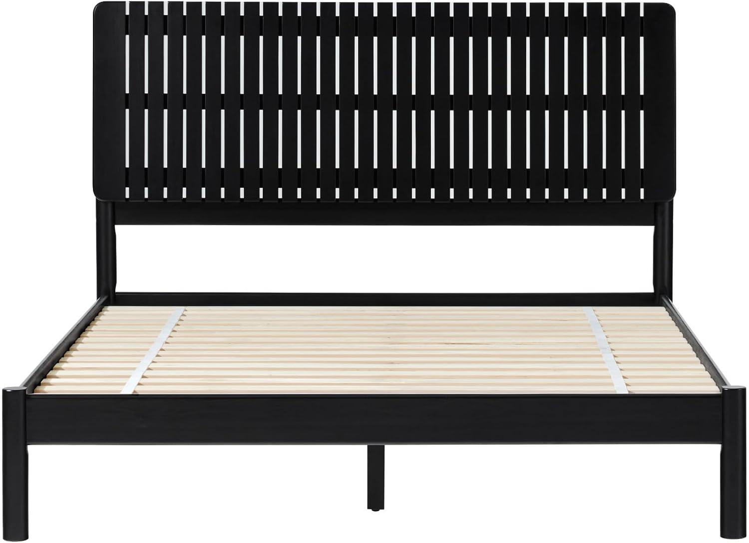 imageWalker Edison Queen Transitional Vertical Slatted Headboard Solid Wood Bed Queen Size BrownBlack