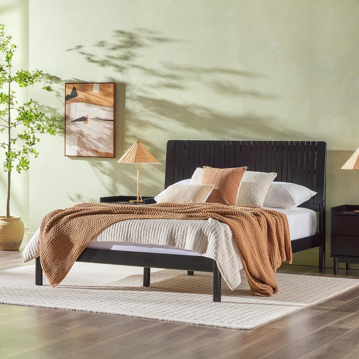 imageWalker Edison Queen Transitional Vertical Slatted Headboard Solid Wood Bed Queen Size BrownBlack