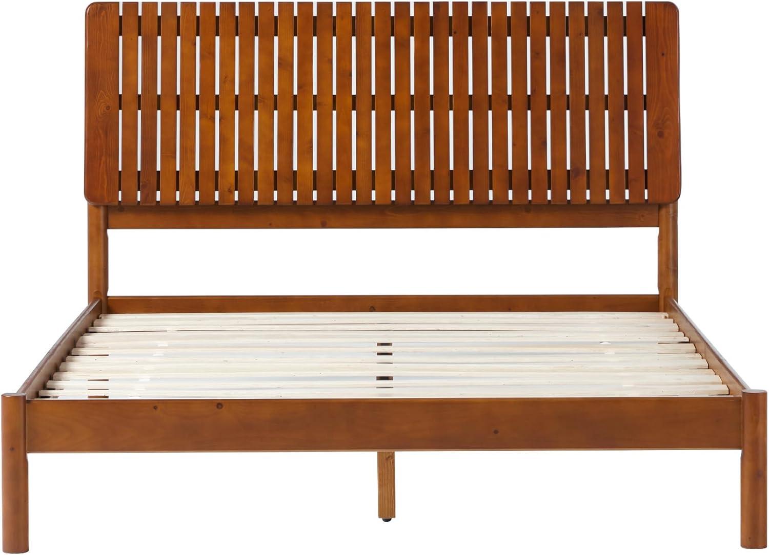 imageWalker Edison Queen Transitional Vertical Slatted Headboard Solid Wood Bed Queen Size BrownBrown