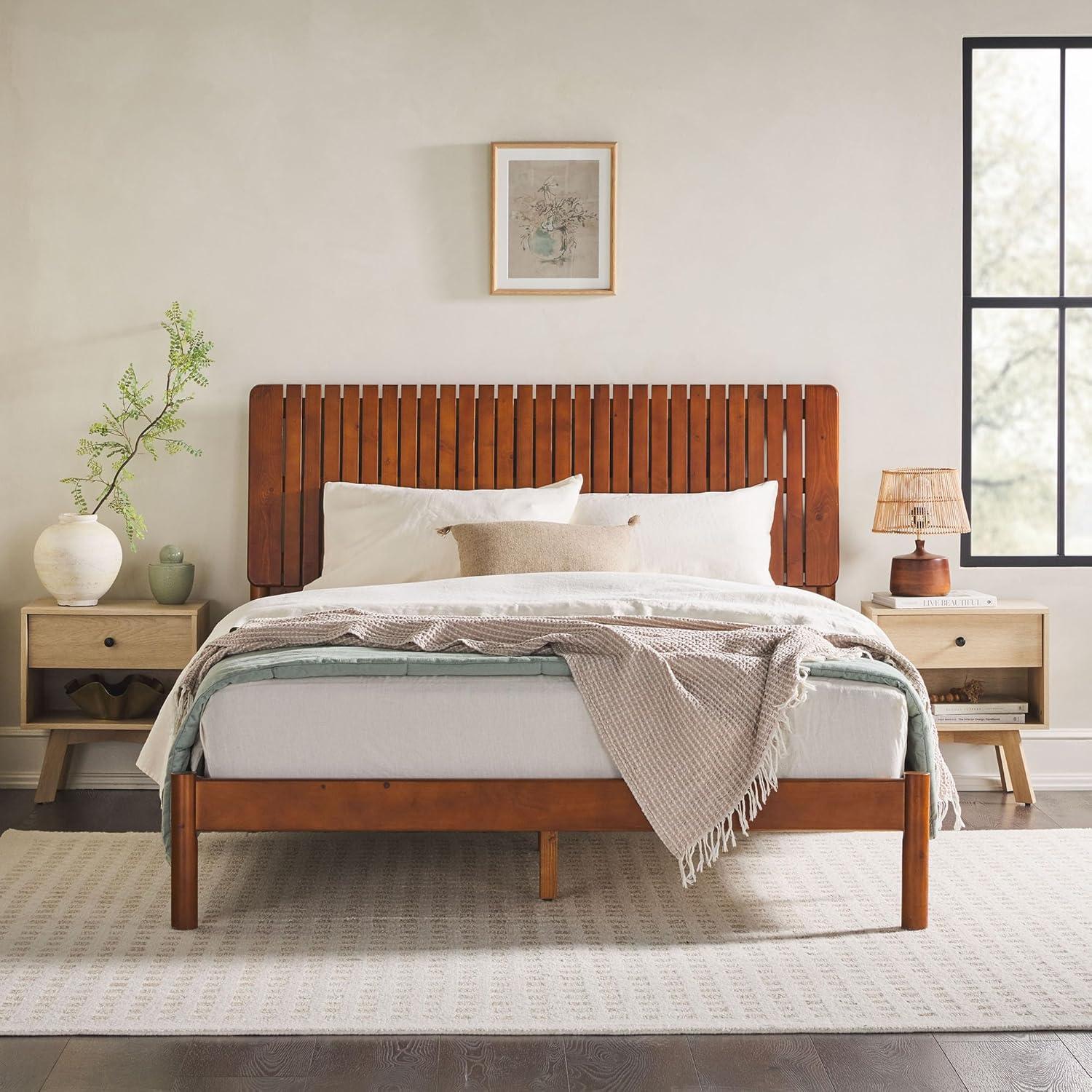 imageWalker Edison Queen Transitional Vertical Slatted Headboard Solid Wood Bed Queen Size BrownBrown