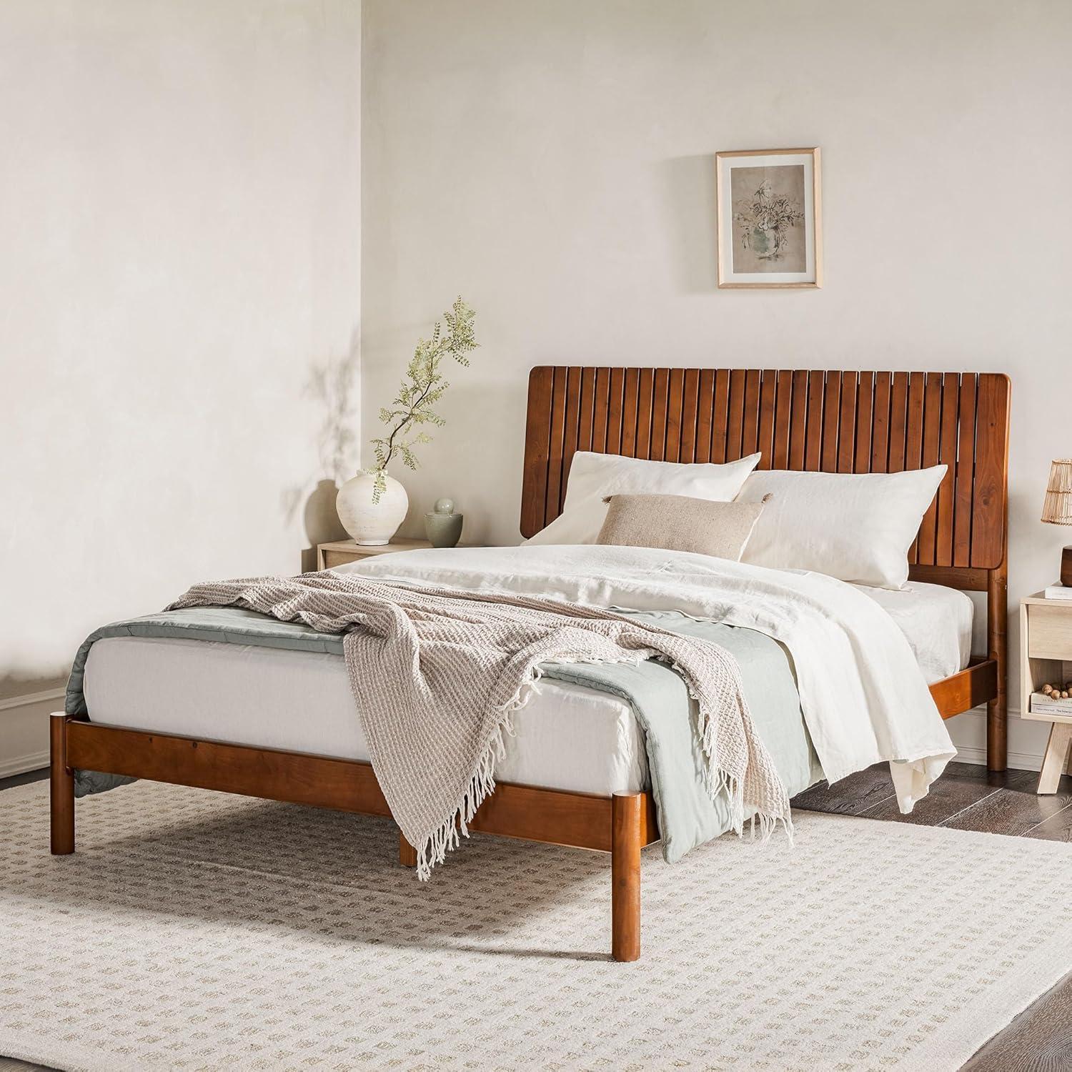 imageWalker Edison Queen Transitional Vertical Slatted Headboard Solid Wood Bed Queen Size BrownBrown