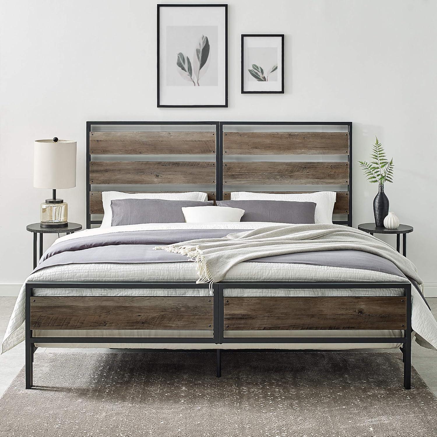 imageWalker Edison Wood Plank Metal Queen Size Bed Frame Bedroom Headboard Footboard Bed Frame Bedroom Queen Reclaimed WoodGrey Wash