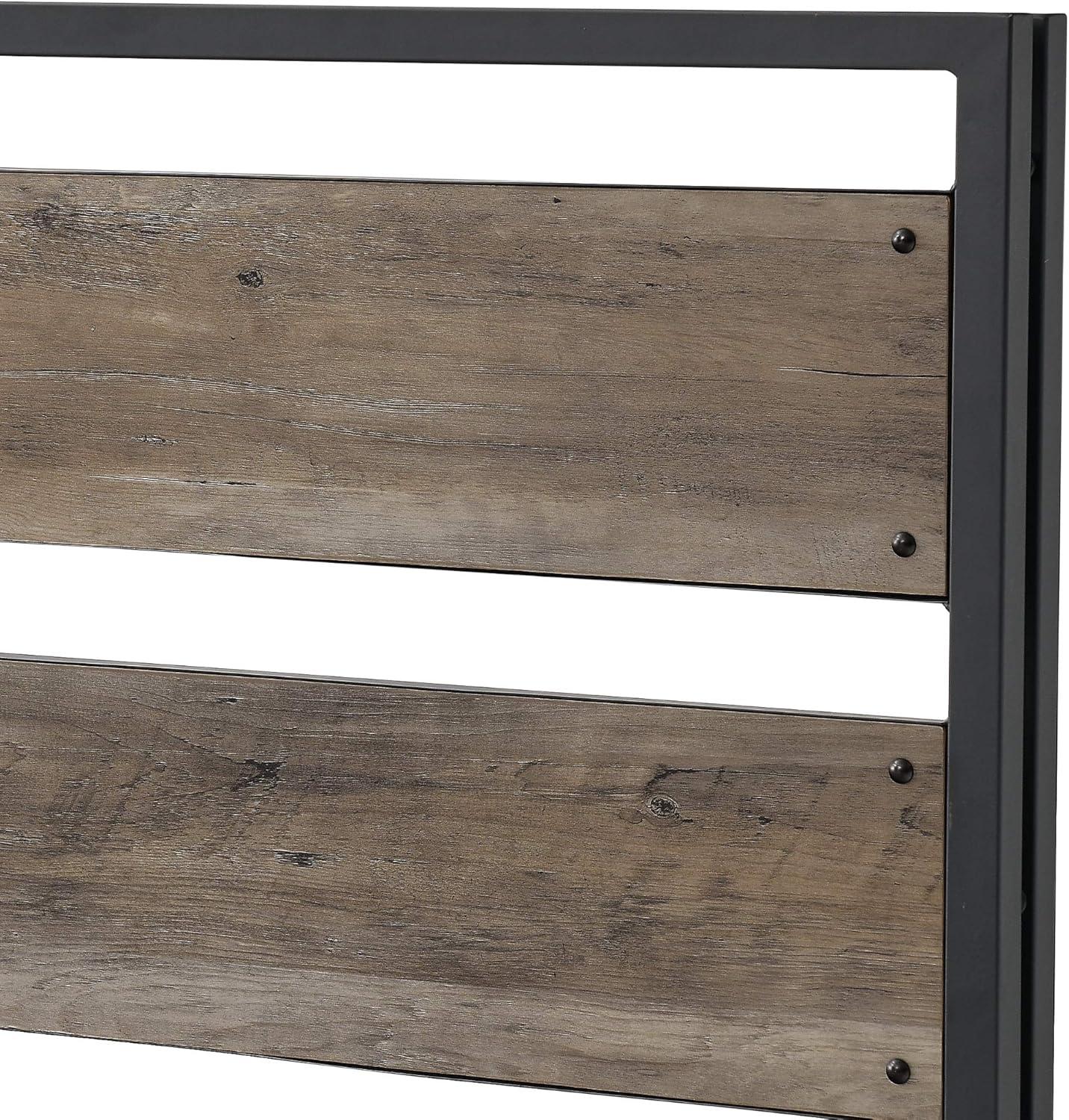imageWalker Edison Wood Plank Metal Queen Size Bed Frame Bedroom Headboard Footboard Bed Frame Bedroom Queen Reclaimed WoodGrey Wash