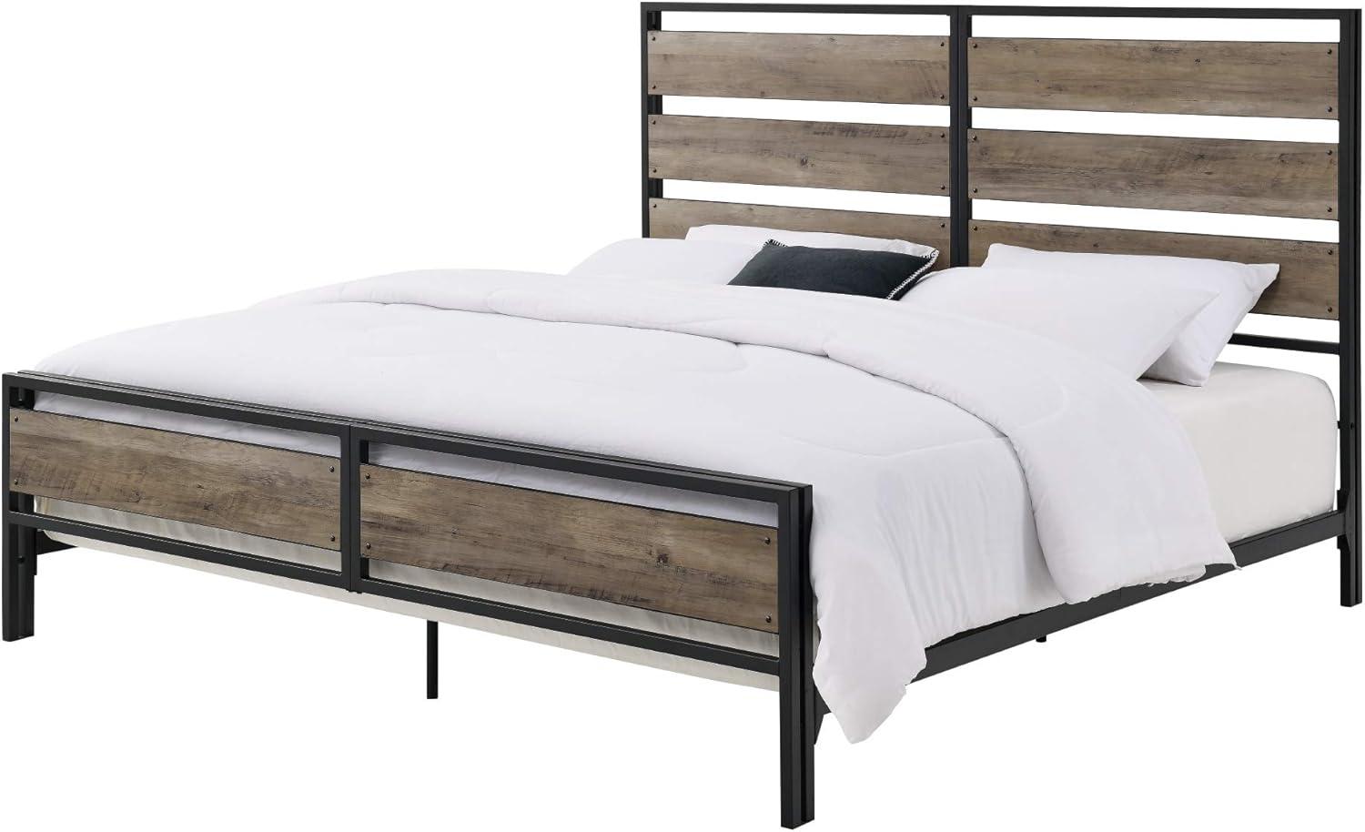 imageWalker Edison Wood Plank Metal Queen Size Bed Frame Bedroom Headboard Footboard Bed Frame Bedroom Queen Reclaimed WoodGrey Wash